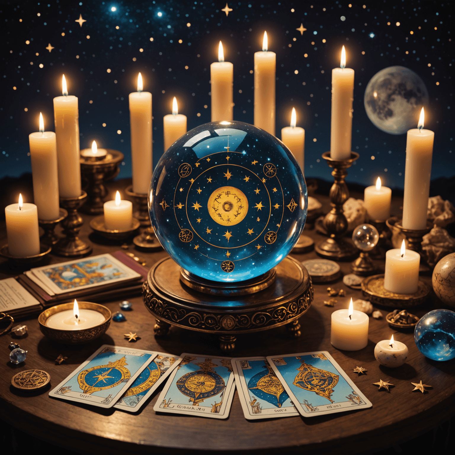 Tarot kartları ve astroloji sembolleriyle dolu bir masa. Masanın üzerinde bir kristal küre ve etrafında yanan mumlar var. Arka planda, yıldızlarla dolu gece gökyüzü görünüyor.