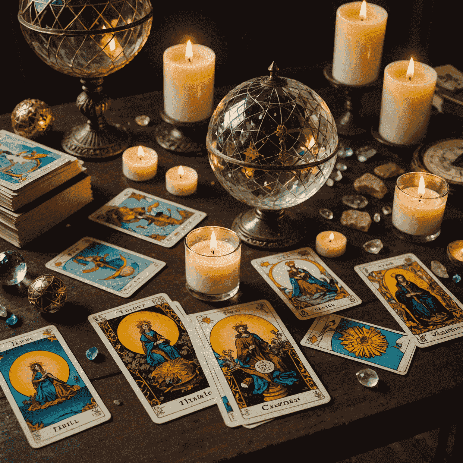 Bir masa üzerinde dağılmış tarot kartları, yanında bir mum ve kristal küre. Mistik bir atmosfer içinde günlük tarot çekimi ritüelini temsil eden bir sahne.