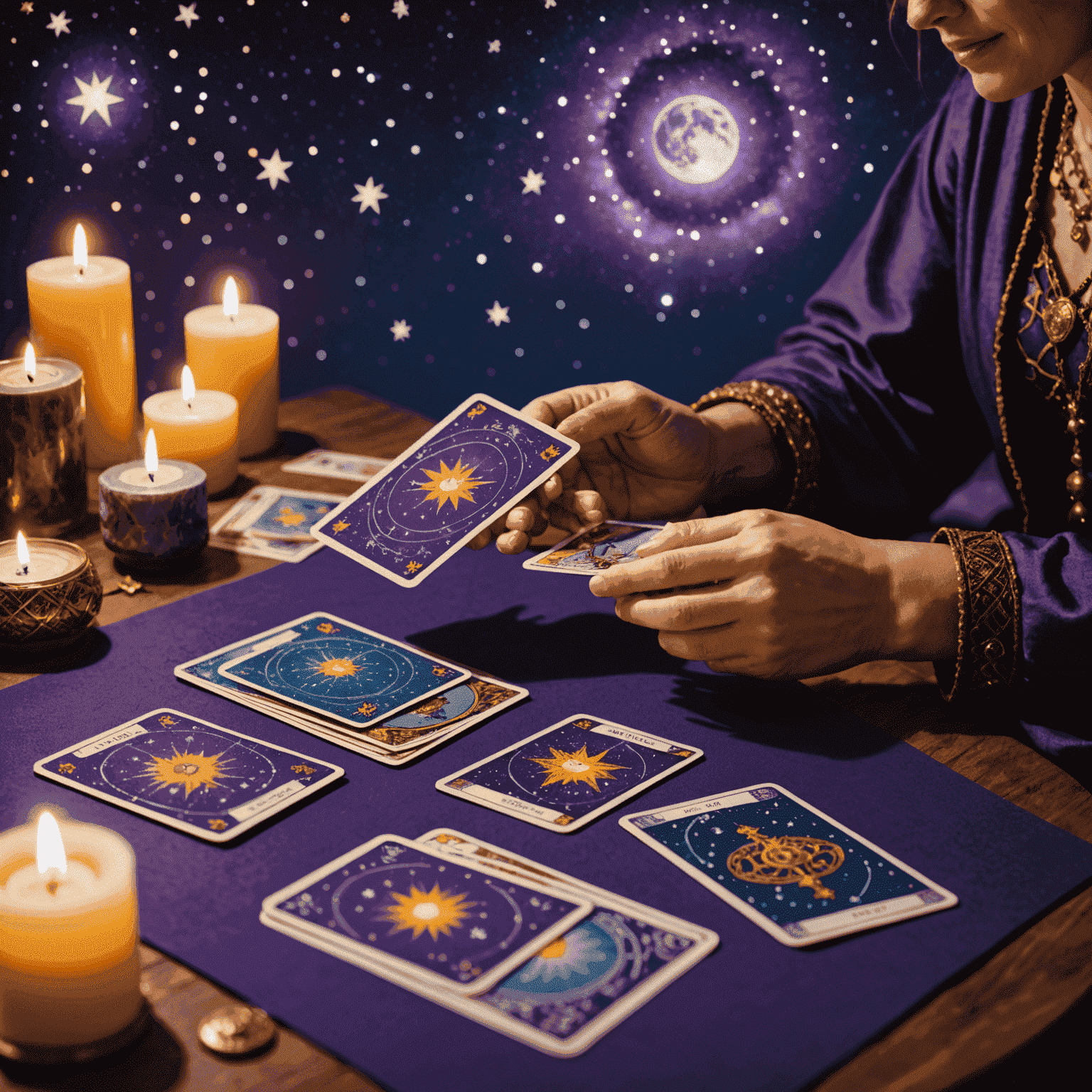 Bir tarot okuyucusu, danışanına saygılı ve etik bir şekilde kart okurken. Masada tarot kartları ve mor bir örtü var. Arka planda yıldızlı bir gökyüzü görünüyor.