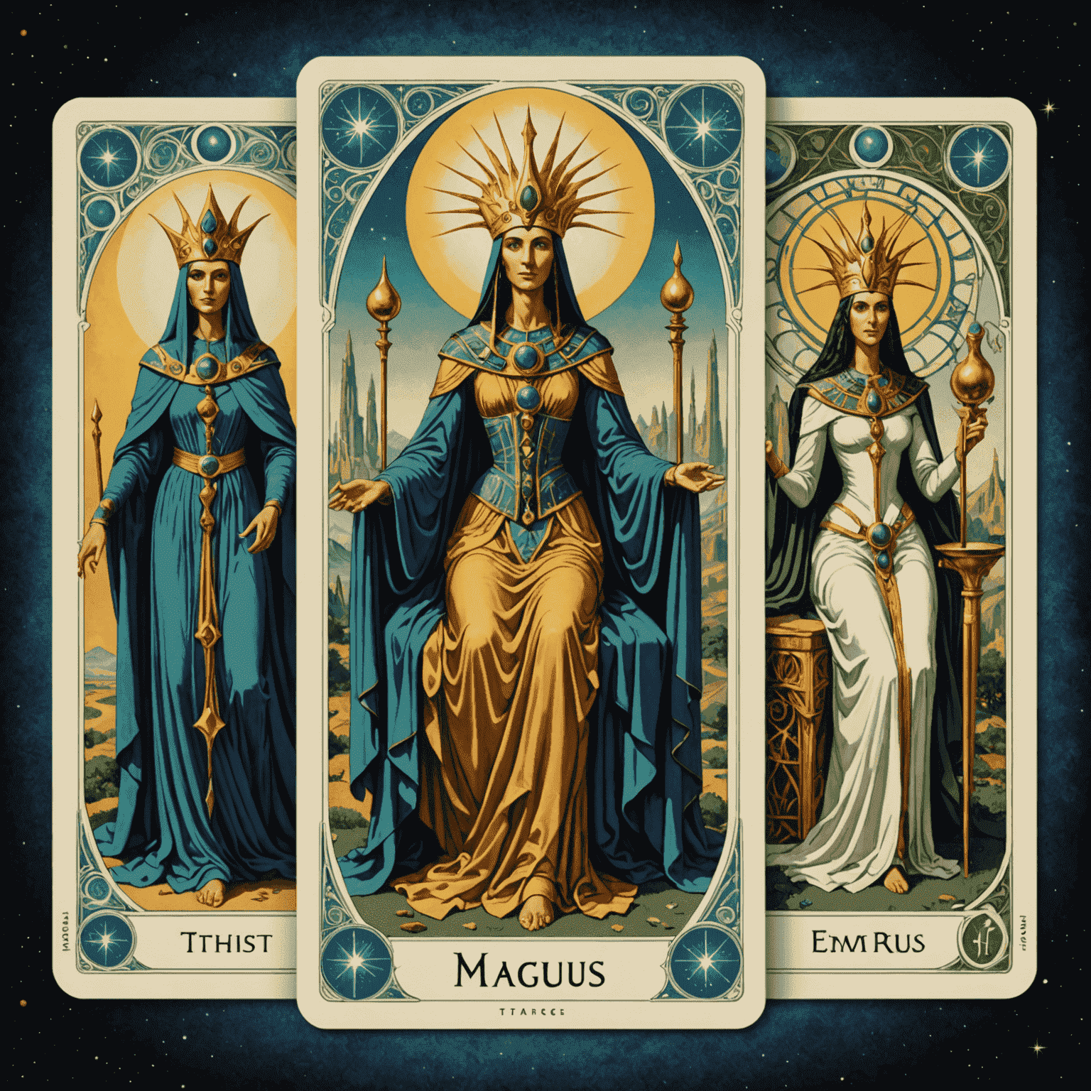 Thoth Tarot destesinden The Magus, The Priestess ve The Empress kartlarını gösteren resim. Kartlar sürrealist ve karmaşık sembollerle dolu.